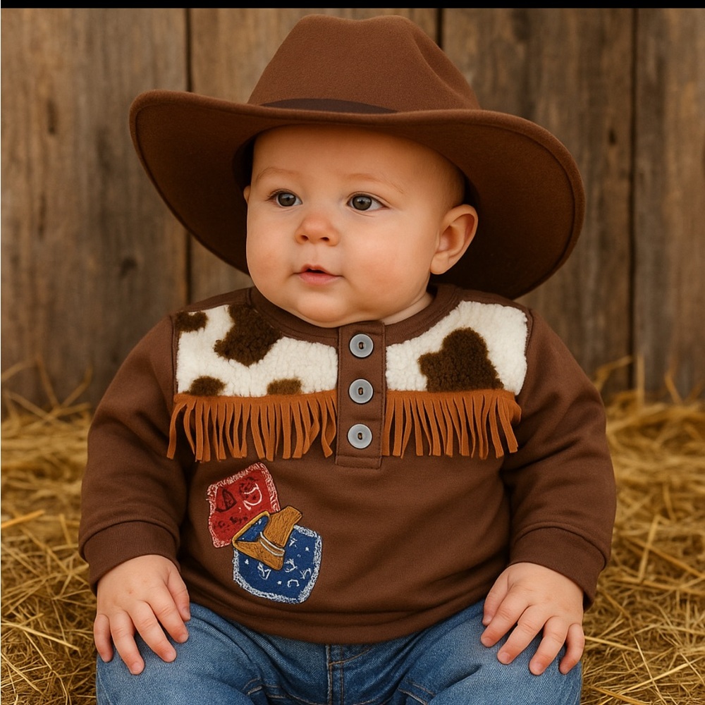 Vintage 90s Marsha Baby Western Cowprint Fringe Sweatshirt 6M Rodeo Lil Cowboy